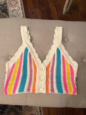 Crochet Striped V-Neck Camisole Top with Multicolor Stripes